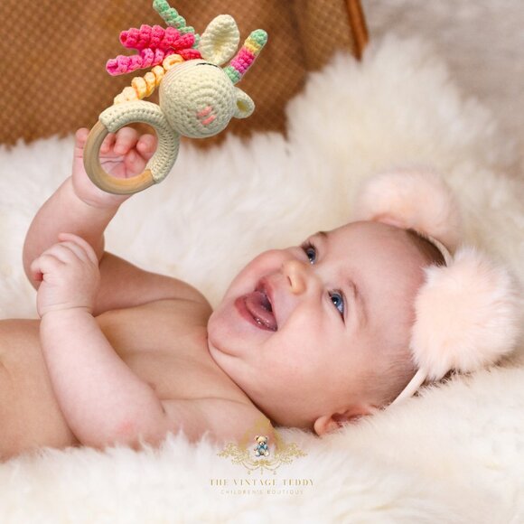 NWT - Cute Handmade Crochet Unicorn Baby Rattle Baby & Toddler Wooden Plush Toy - Picture 3 of 3